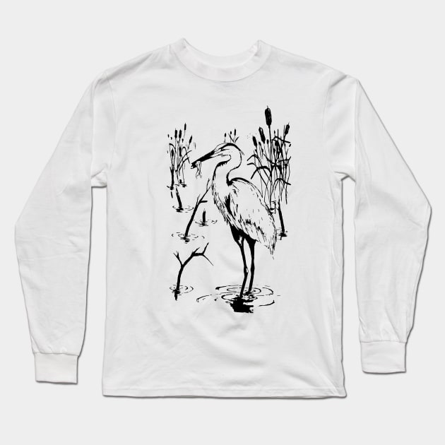 Grey Heron Long Sleeve T-Shirt by IndiasIllustrations